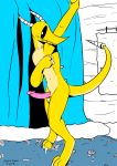  2019 anthro balls blush cartooning cave digital_media_(artwork) digitigrade dragon erection fantasy horn humanoid_penis inside looking_at_viewer male male/male navel nude paws penis reptile scalie showering smile solo standing tigertooth waterfall 