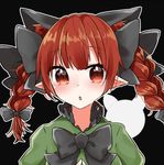  abe_suke animal_ears bangs black_bow black_neckwear bow bowtie braid cat_ears extra_ears eyebrows_visible_through_hair hair_bow kaenbyou_rin long_hair looking_at_viewer lowres pointy_ears red_eyes red_hair solo touhou twin_braids upper_body 