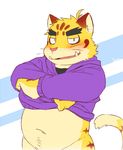  blush bottomless clothed clothing cotton_(artist) feline male mammal simple_background slightly_chubby solo suggestive tiger undressing 