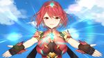  blush breasts earrings fingerless_gloves gloves hair_ornament homura_(xenoblade_2) jewelry large_breasts looking_at_viewer red_eyes red_hair short_hair simple_background smile solo tiara xenoblade_(series) xenoblade_2 yappen 