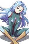  blue_hair bodysuit commentary_request covered_collarbone crossed_legs green_bodysuit hair_intakes head_tilt kneehighs long_hair looking_at_viewer maritan_(pixelmaritan) multicolored multicolored_eyes rainbow_eyes simple_background sitting solo star_breaker suguri white_background 