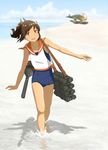  :d aircraft airplane bare_arms bare_legs bare_shoulders beach blue_sky blue_swimsuit brown_eyes brown_hair cloud collarbone competition_school_swimsuit day full_body horizon i-401_(kantai_collection) kantai_collection kontanro looking_at_viewer m6a_seiran motion_blur ocean one-piece_swimsuit open_mouth orange_sailor_collar ponytail propeller rigging sailor_collar sand school_swimsuit shadow shiny shiny_hair shirt shore short_hair sky sleeveless sleeveless_shirt smile solo sunlight swimsuit tareme thigh_gap walking water white_shirt 