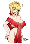  absurdres ahoge blonde_hair blush braid breasts collarbone eyebrows_visible_through_hair fate/extra fate/grand_order fate_(series) french_braid green_eyes highres large_breasts looking_at_viewer nero_claudius_(fate) nero_claudius_(fate)_(all) open_mouth qblade see-through shiny shiny_hair shiny_skin white_background 