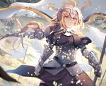  armor armored_dress banner black_dress black_legwear blonde_hair breasts cowboy_shot day dress eyebrows_visible_through_hair fate/apocrypha fate_(series) floating_hair gauntlets green_eyes hair_between_eyes highres holding holding_weapon jeanne_d'arc_(fate) jeanne_d'arc_(fate)_(all) large_breasts long_hair neko-hime_(neko-hime) outdoors ponytail solo standing thighhighs very_long_hair weapon 