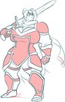  anthro armor big_breasts breasts canine clothed clothing eyewear female glasses hair jintonic mammal melee_weapon muscular muscular_female simple_background solo standing sword weapon white_background 