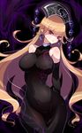  alternate_costume bare_shoulders black_dress blonde_hair breasts cleavage covered_navel curvy dark_background dress earrings frown hat highres hips jewelry junko_(touhou) large_breasts long_hair raptor7 red_eyes solo tight tight_dress touhou very_long_hair wavy_hair wide_hips 