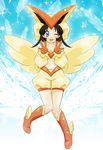  ;d aqua_eyes baggy_shorts bangs bikini_top black_hair blue_background boots breasts chikorita85 detached_sleeves double_v feathers foot_wings full_body gen_5_pokemon gloves hat knees_touching legendary_pokemon midriff navel one_eye_closed open_mouth parted_bangs personification pokemon pokemon_(creature) pokemon_ears raised_hands small_breasts smile solo star starry_background v victini wings 