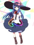  abe_suke bangs blue_hair blue_skirt bow bowtie brown_eyes brown_footwear closed_mouth eyebrows_visible_through_hair food fruit full_body hat hinanawi_tenshi leaf long_hair looking_at_viewer peach rainbow_order red_neckwear short_sleeves sidelocks signature skirt solo standing touhou 