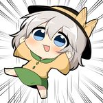  bangs black_bow blue_eyes bow chibi emphasis_lines eyebrows_visible_through_hair full_body green_skirt grey_hair hat hat_bow komeiji_koishi long_sleeves open_mouth short_hair skirt solo touhou twumi yellow_bow 