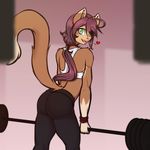  &lt;3 2015 anthro butt butt_pose carry_(scorpdk) cat clothing feline female green_eyes gym looking_at_viewer looking_back mammal pants ponytail scorpdk solo weights yoga_pants 