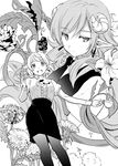  banned_artist commentary_request cravat cup dandelion earrings expressionless flower greyscale highres horns jewelry lily_(flower) long_sleeves looking_at_viewer medium_hair monochrome multiple_girls nacht original pantyhose pencil_skirt pointy_ears puffy_sleeves short_hair skirt smile teacup wavy_hair 