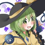  :d abe_suke bangs black_hat bow eyebrows_visible_through_hair green_eyes green_hair hat hat_bow holding komeiji_koishi long_sleeves lowres open_mouth phone short_hair smile solo spade_(shape) third_eye touhou upper_body wide_sleeves yellow_bow 