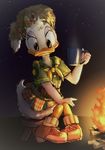  4_fingers anthro avian beak beverage bird blue_sclera campfire clothed clothing coonskin_cap daisy_duck disney duck eyelashes feathers female fire hair_bow hair_ribbon hand_on_knee hat head_tuft hi_res holding_cup knees_together kurokuma824 looking_at_viewer neckerchief night night_sky outside ribbons scout_uniform sitting sneakers solo steam stool tuft white_feathers 
