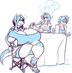  4_arms anthro beverage big_breasts breast_size_difference breasts canine clothed clothing eyewear female food glasses group huge_breasts hyper hyper_breasts jintonic mammal multi_arm multi_limb open_mouth overweight sitting smile sweat sweatdrop thick_thighs 