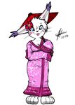  2018 anthro big_breasts big_ears black_nose blue_eyes blush breasts cleavage clothed clothing digimon ear_tuft feline female fur gatomon japanese_clothing kimono long_sleeves mammal paws red_umbrella simple_background solo tongue tongue_out tuft umbrella uragan whiskers white_background white_fur 
