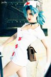  blue_hair cosplay eyepatch lab_zero_games looking_at_viewer nurse red_eyes scar skullgirls valentine_(skullgirls) weapon 