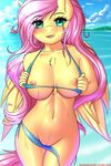  2018 absurd_res anthro anthrofied areola bikini blush breasts clothing digital_media_(artwork) equine eyelashes feathered_wings feathers female fluttershy_(mlp) friendship_is_magic fur hair hi_res long_hair looking_at_viewer mammal my_little_pony nipples open_mouth outside pegasus pink_hair pussy solo swimsuit twistedscarlett60 wings 