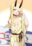  black_hair blonde_hair cameo dakimakura_(object) earrings facial_tattoo fate/grand_order fate_(series) fingernails highres horns ibaraki_douji_(fate/grand_order) japanese_clothes jewelry kimono long_hair looking_at_viewer nail one_eye_closed oni open_mouth pillow pointy_ears saruchitan sharp_fingernails shuten_douji_(fate/grand_order) simple_background solo tattoo waking_up yellow_eyes yellow_kimono yukata 