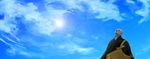  bald blue_sky closed_eyes cloud houseki_no_kuni japanese_clothes kesa kongou_sensei male_focus misoka_(0) robe sky solo sunlight 