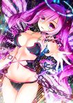  ahoge akine_(kuroyuri) bare_shoulders bemani breasts cat_ear_headphones collarbone commentary_request eyebrows_visible_through_hair gradient_eyes headphones highres long_hair looking_at_viewer medium_breasts multicolored multicolored_eyes navel outstretched_hand pink_hair purple_eyes rasis revealing_clothes solo sound_voltex stomach thigh_gap thighs twintails 