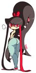  2018 anthro anthrofied big_butt blush butt clothing diives female gaghiel jeans looking_at_viewer looking_back mawile nintendo pants pok&eacute;mon pok&eacute;mon_(species) pok&eacute;morph red_eyes ribbons simple_background solo teeth tongue video_games 
