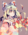  anarogumaaa bangs bow brown_background brown_eyes closed_mouth commentary_request eyebrows_visible_through_hair fire fujiwara_no_mokou hair_bow long_hair red_eyes ribbon sidelocks silver_hair simple_background solo suspenders touhou upper_body very_long_hair white_hair 