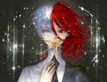  akubi_(fyfy) androgynous antarcticite blue_eyes character_name colored_eyelashes flower gem_uniform_(houseki_no_kuni) gold houseki_no_kuni mercury necktie red_eyes red_hair shinsha_(houseki_no_kuni) short_hair split_theme transformation white_eyes white_hair 