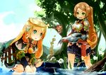  3girls armor breastplate earrings female fish goma_(mm324) karuna_astarra keke multiple_girls nature noora_brandor noora_to_toki_no_koubou partially_submerged pauldrons ponytail water 