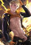  1boy abs blonde_hair blue_eyes briefs earrings gloves jacket looking_at_viewer necklace pecs penis pokemon_go precum sakimichan shirt_lift solo spark_(pokemon) yaoi 