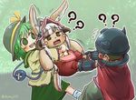  1girl 1other ? animal_ears bandage_over_one_eye bangs bow brown_hair cape chamaji crossover ears_through_headwear eyebrows_visible_through_hair facial_mark flying_sweatdrops furry grass green_hair green_skirt hat hat_bow hat_ribbon helmet highres horned_helmet komeiji_koishi long_hair long_sleeves made_in_abyss mechanical_arms nanachi_(made_in_abyss) open_mouth pants paws pulling regu_(made_in_abyss) ribbon shirt signature skirt socks symbol-shaped_pupils tail third_eye touhou tree twitter_username whiskers white_hair wide_sleeves 