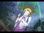  1girl animated animated_gif bag blonde_hair frog_girl giant_leaf hat leaf leaf_umbrella medium_hair moriya_suwako rain raining tagme touhou trees yellow_eyes 