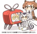  :&lt; bird_tail blonde_hair blush_stickers brown_eyes brown_hair coat drooling eurasian_eagle_owl_(kemono_friends) eyebrows_visible_through_hair fur_trim grey_hair holding jaguar_(kemono_friends) kemono_friends kemono_friends_pavilion long_sleeves multicolored_hair multiple_girls northern_white-faced_owl_(kemono_friends) paddle pantyhose partially_translated playground_equipment_(kemono_friends_pavilion) short_hair simple_background sitting streaked_hair tail tanaka_kusao television translation_request white_background white_legwear winter_clothes winter_coat 