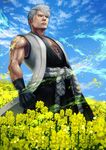  abs black_gloves black_kimono bleach bleach:_turn_back_the_pendulum blue_sky clenched_hand cloud day eyebrows field flower flower_field gloves haori japanese_clothes kimono lips looking_afar looking_away male_focus mohawk muguruma_kensei muscle number_tattoo outdoors rapeseed_blossoms realistic rope rope_belt san-san_(pixiv16523866) signature sky sleeveless sleeveless_kimono solo standing taichou_haori tattoo undercut white_hair wind 