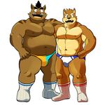  anthro big_muscles boar briefs bulge canine clothed clothing dog duo kenta_shiba_(character) legwear looking_at_viewer male mammal musclegut muscular muscular_male overweight overweight_male porcine shiba-kenta shiba_inu socks takeshi_inoyama toples topless underwear white_socks 