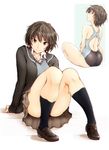  amagami ass back black_eyes black_hair black_jacket black_legwear bob_cut competition_swimsuit convenient_leg highres jacket kibito_high_school_uniform kneehighs nanasaki_ai one-piece_swimsuit sasaki_akira_(ugc) short_hair sitting smile solo swimsuit 