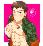  1boy abs brown_hair camouflage dog_tags idolmaster idolmaster_side-m inverted_nipples jacket koma_saburou looking_at_viewer male_focus muscle navel nipples open_clothes open_jacket pink_background purple_eyes self_fondle shingen_seiji shirtless simple_background solo speech_bubble spoken_squiggle squiggle upper_body 