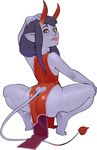  2018 amber_eyes butt clothed clothing crouching demon dress female hair horn humanoid not_furry pointy_ears purple_hair purple_skin simple_background solo spade_tail wahafagart white_background 