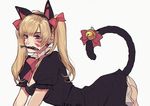  all_fours alternate_costume animal_ears bangs bell black_cat_d.va black_dress blonde_hair bow bowtie breasts cat_ears cat_tail d.va_(overwatch) dress extra_ears eyebrows_visible_through_hair ez_1011 fang fang_out fish from_side grey_background hair_bow hairband highres jingle_bell large_breasts long_hair looking_at_viewer mouth_hold overwatch panties puffy_short_sleeves puffy_sleeves purple_eyes red_bow red_neckwear short_sleeves simple_background slit_pupils smile solo tail tail_bell tail_bow tail_lift tail_raised twintails underwear whisker_markings white_panties 