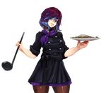  1girl barbariank black_desert blue_eyes blue_hair chef_uniform cooking earrings facial_mark fish food jewelry ladle plate purple_eyes purple_hair scarf smile solo sorcerer_(black_desert) two-tone_hair 