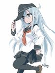  2018 4suke anchor_symbol artist_name bangs black_hat black_sailor_collar black_skirt blue_eyes blue_hair breasts brown_footwear closed_mouth dated eyebrows frown hair_between_eyes hand_on_headwear hat hibiki_(kantai_collection) kantai_collection leg_up loafers long_hair long_sleeves looking_away miniskirt neckerchief pantyhose pleated_skirt red_neckwear roman_numerals sailor_collar school_uniform serafuku shirt shoes skirt sleeve_cuffs small_breasts solo standing standing_on_one_leg white_shirt 