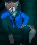  2018 5_fingers angiewolf anthro brown_hair brown_nose canine clothed clothing digital_media_(artwork) hair jackal male mammal purple_eyes sitting smile solo 
