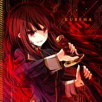  akine_(kuroyuri) bemani character_name commentary_request ears_visible_through_hair holding holding_sword holding_weapon katana kureha_(sound_voltex) long_hair long_sleeves red_background red_eyes red_hair sleeve_cuffs solo sound_voltex sword upper_body weapon 