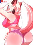  2018 anthro big_butt blue_eyes blush breasts brown_fur butt canine civibes claws clothed clothing digital_media_(artwork) female fur hi_res looking_at_viewer looking_back lycanroc mammal midday_lycanroc nintendo open_mouth pok&eacute;mon pok&eacute;mon_(species) simple_background solo video_games white_fur 