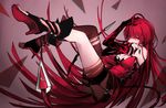  absurdres black_footwear black_gloves bloody_queen_(elsword) breasts brown_legwear buckle cleavage elesis_(elsword) elsword full_body gloves grey_background highres legs long_hair looking_at_viewer medium_breasts pantyhose red_eyes red_hair shaded_face shiliuye_feiyu shoes solo torn_clothes torn_legwear 