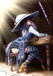  1girl ass barbariank black_desert book bookshelf desk frilled_dress frills hat high_heels ink inkwell library looking_at_viewer purple_eyes purple_hair quill shoes short_hair solo star thighhighs witch witch_(black_desert) witch_hat zettai_ryouiki 