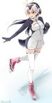  :d amai_nekuta bird_tail black_gloves black_hair blush breasts brown_eyes clenched_hand double_bun drawstring eyebrows_visible_through_hair gloves headphones high_collar ice_skates ice_skating jacket kemono_friends leg_up long_hair low_twintails medium_breasts multicolored_hair no_pants open_mouth outstretched_arm pink_hair pocket raglan_sleeves royal_penguin_(kemono_friends) silver_hair simple_background skates skating smile solo thighhighs twintails white_background white_jacket white_legwear 