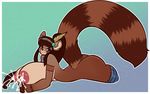  anthro areola big_breasts big_butt black_nose blush breasts brown_hair butt clothing ear_tuft female gradient_background hair lactating legwear long_hair mammal milk red_panda simple_background smile socks solo tehbuttercookie tuft 