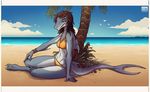  5_fingers anthro beach bikini breasts brown_hair clothing day detailed_background digital_drawing_(artwork) digital_media_(artwork) female fish hair lolzguy marine outside sand seaside shark sky smile solo swimsuit yellow_eyes 