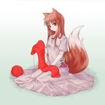  absurdres animal_ears brown_hair commentary_request dress eyebrows_visible_through_hair greatholo highres holo long_dress long_hair red_eyes red_yarn scarf sitting smile spice_and_wolf tail wariza wolf_ears wolf_tail yarn yarn_ball 