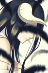  albedo bare_shoulders black_hair black_wings bouquet demon_girl demon_horns demon_wings dress flower gloves highres horns long_hair md5_mismatch nestea overlord_(maruyama) smile solo white_dress white_gloves wings 